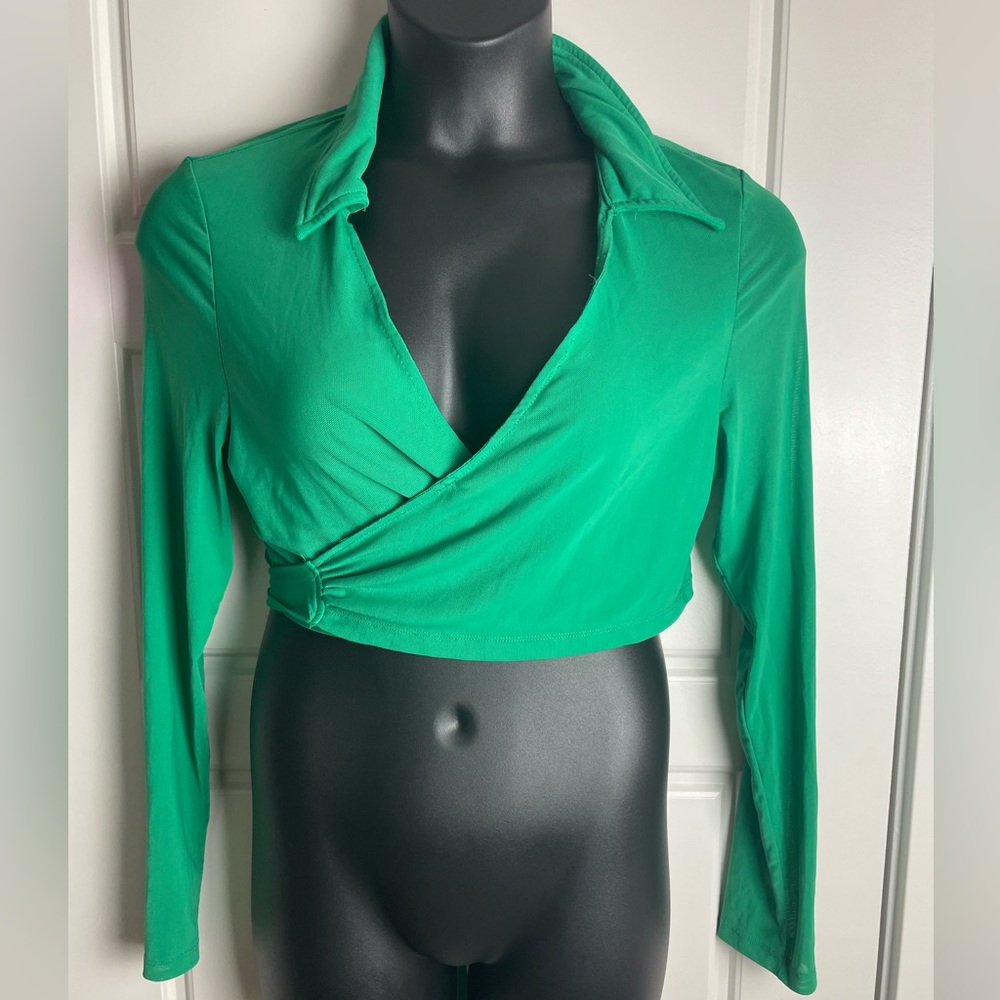 Shein Curve 2XL Green Wrap Tie Back Crop Top Long Sleeve Sheer Mesh